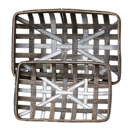 2/Set Gray Wash Rectangle Tobacco Baskets w/Metal Strips