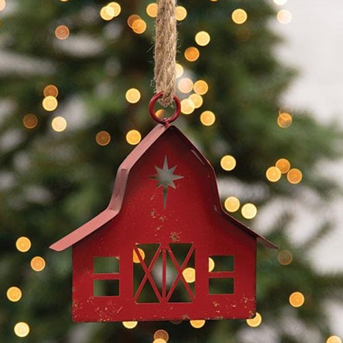 Distressed Red Metal Barn Ornament