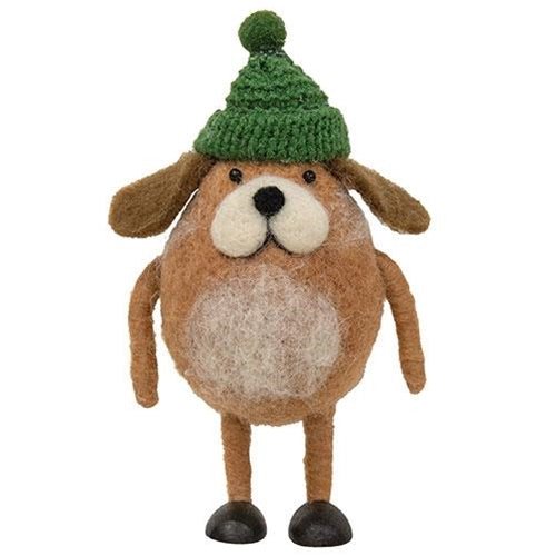 Felted Dog w/Green Hat Ornament