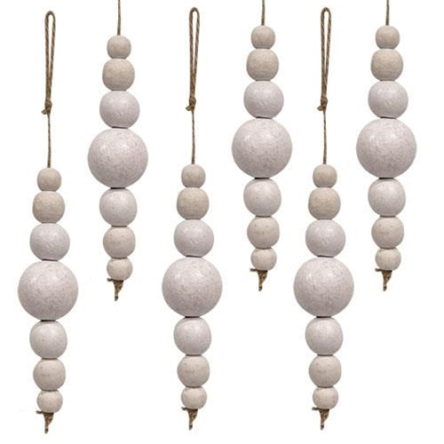 6/Set White Wooden Bead Ornaments on Jute