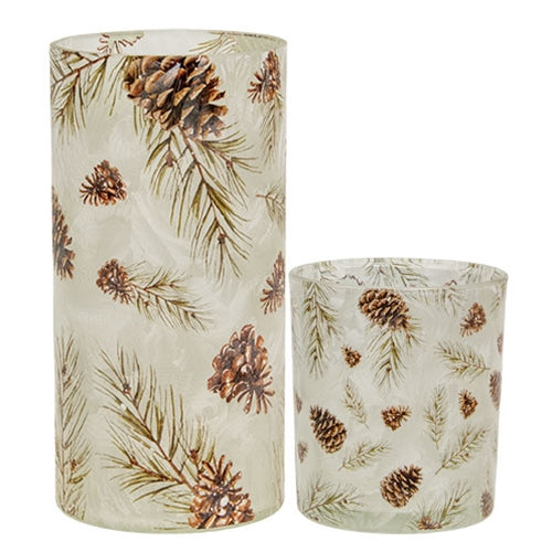 2/Set Frosted Glass Woodland Pine Pillar Holders