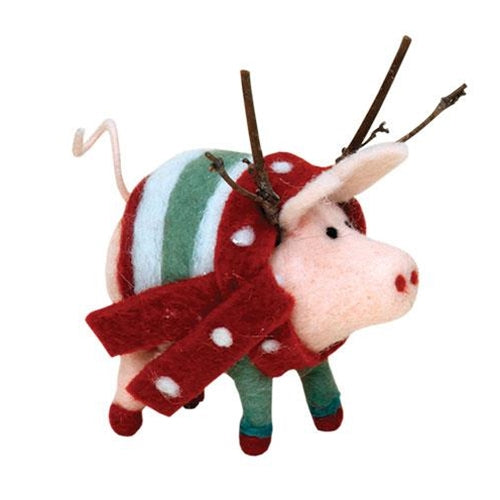 Felted Pig w/Striped Sweater Ornament