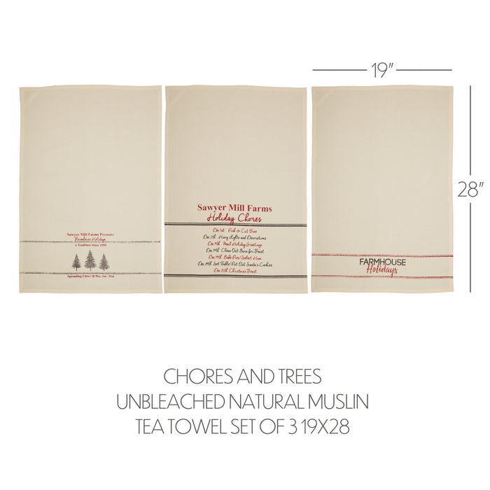 Sawyer Mill Holiday Chores And Trees Unbleached Natural Muslin Tea Towel Set of 3 19x28