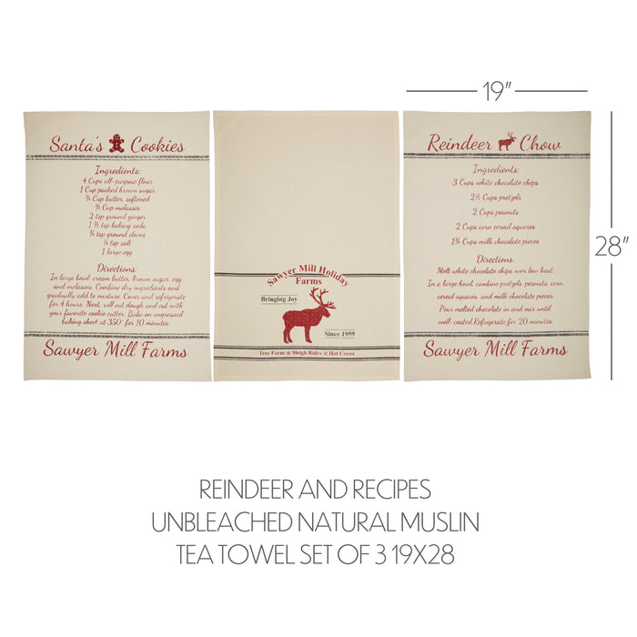 Sawyer Mill Holiday Reindeer And Recipes Unbleached Natural Muslin Tea Towel Set of 3 19x28