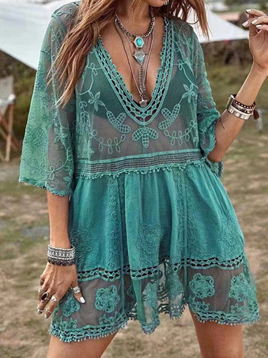 Lace Detail Plunge Cover-Up Dress Turquoise One Size