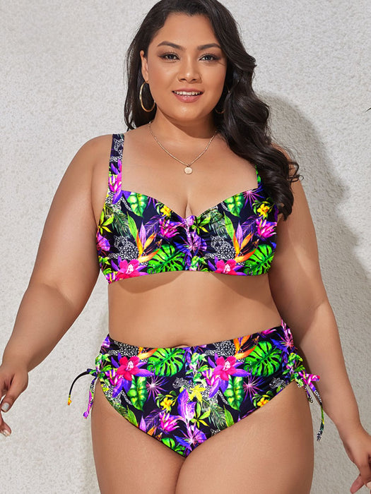 Plus Size Printed Drawstring Detail Bikini Set Multicolor