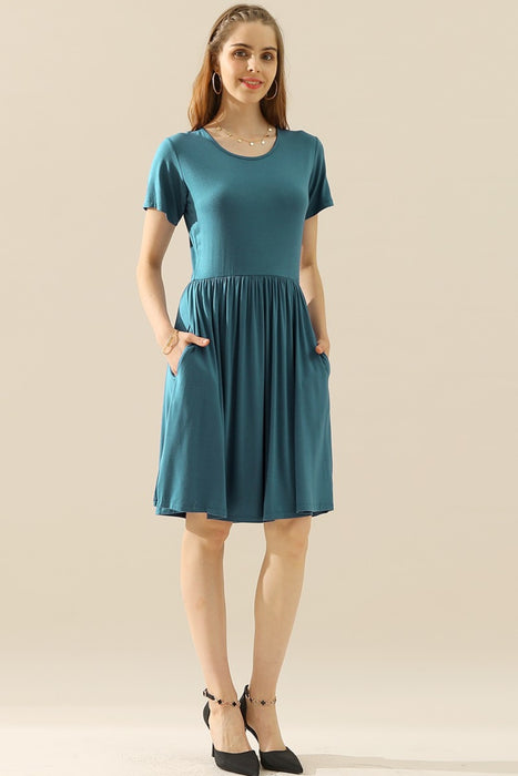 Ninexis Full Size Round Neck Ruched Dress with Pockets TEAL