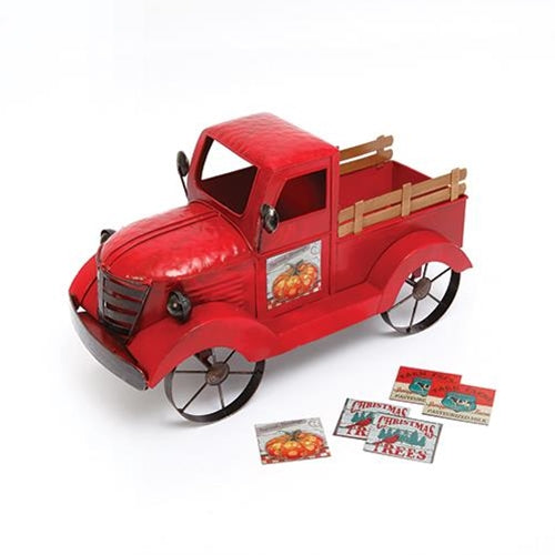 Antiqued Red Farm Truck With Seasonal Magnet Signs