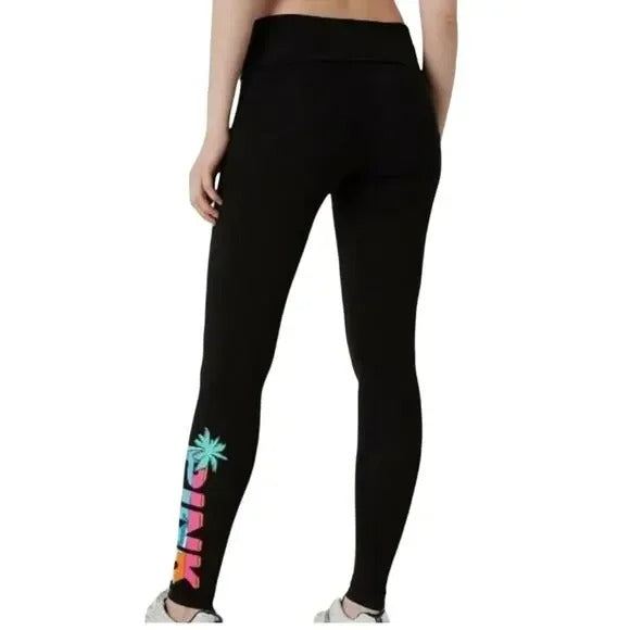 Victoria's Secret Pink Mid Rise Fold over Leggings Black PINK Palm Tree Logo ASSORTED SIZES