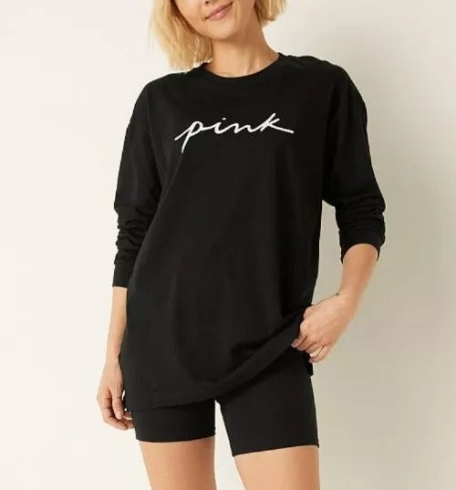 Victoria’s Secret Pink Long Sleeve Campus T-Shirt Pink Script Logo